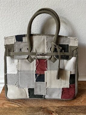 *READ One of a Kind Patchwork Fabric Canvas Dual Handel Lock Key BK Satchel Bag